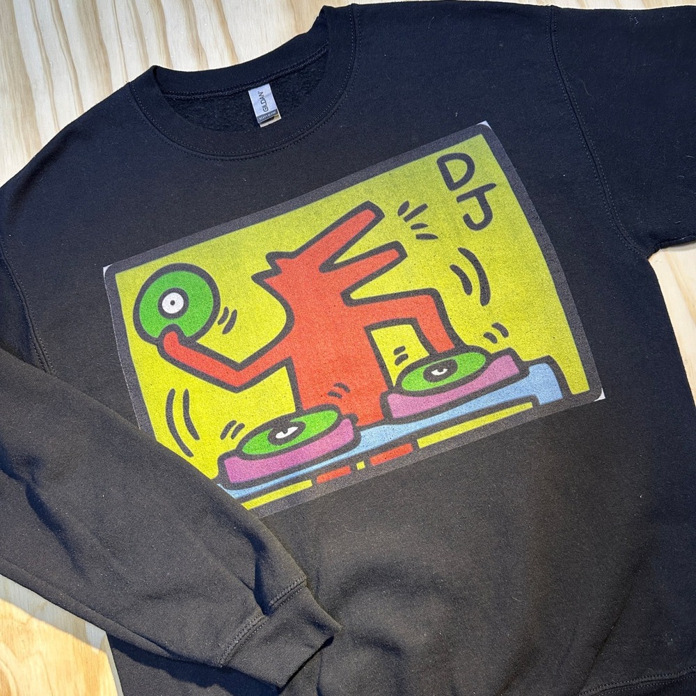 Gildan Keith Haring DJ Dog Graphic Sweatshirt Black Medium Unisex Heavy Blend
